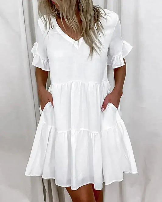 Robe simple décontractée avec encolure en V et ourlet à volants