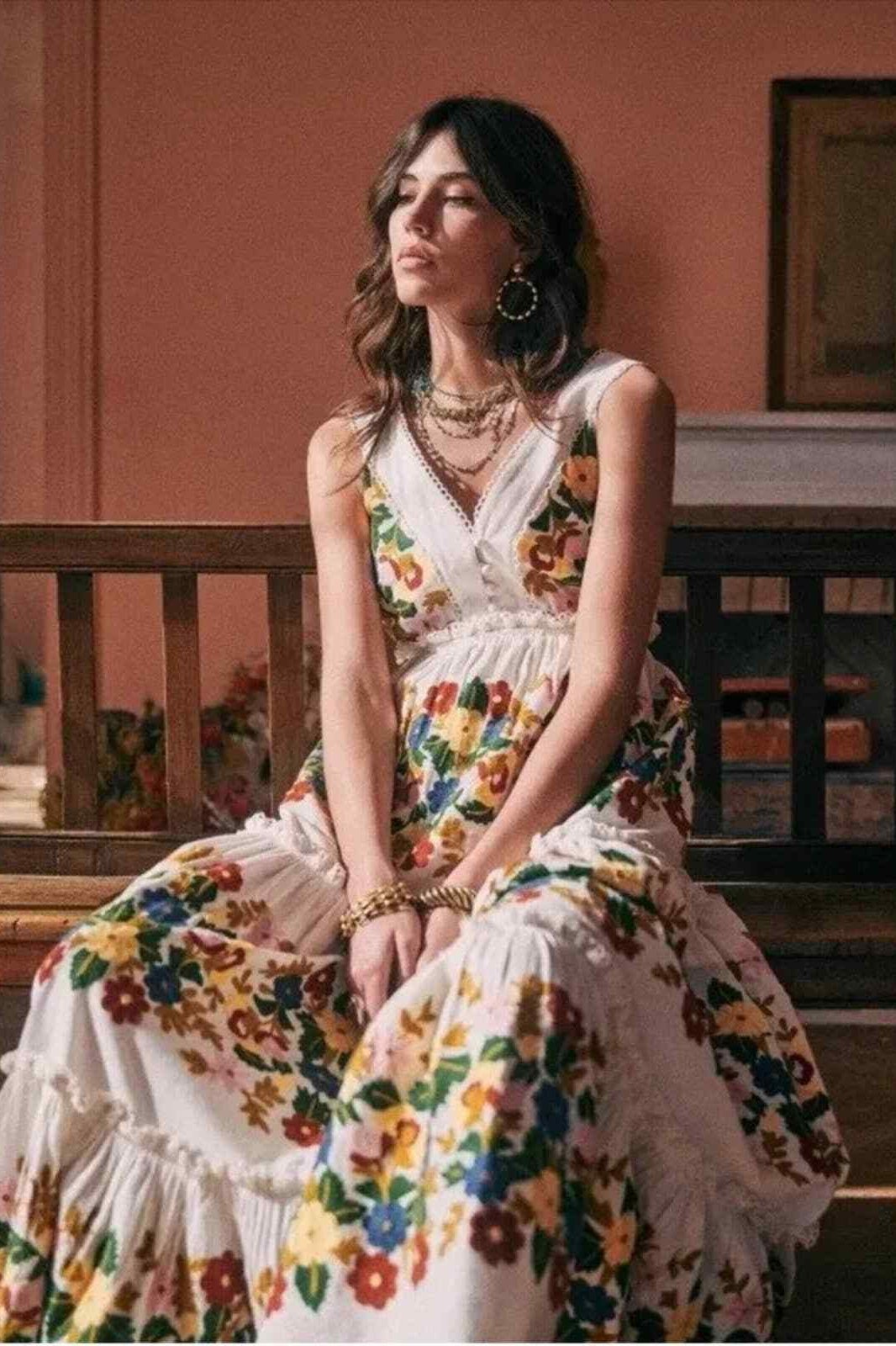 Pauline Laurent® | Robe midi imprimée avec garniture