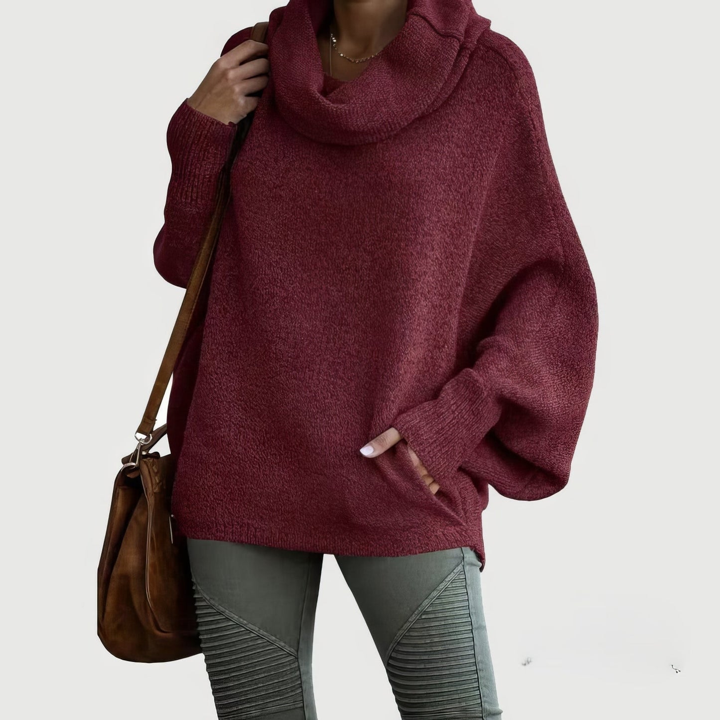Pull Femme à Col Tombant et Manches Chauve-souris avec Poches
