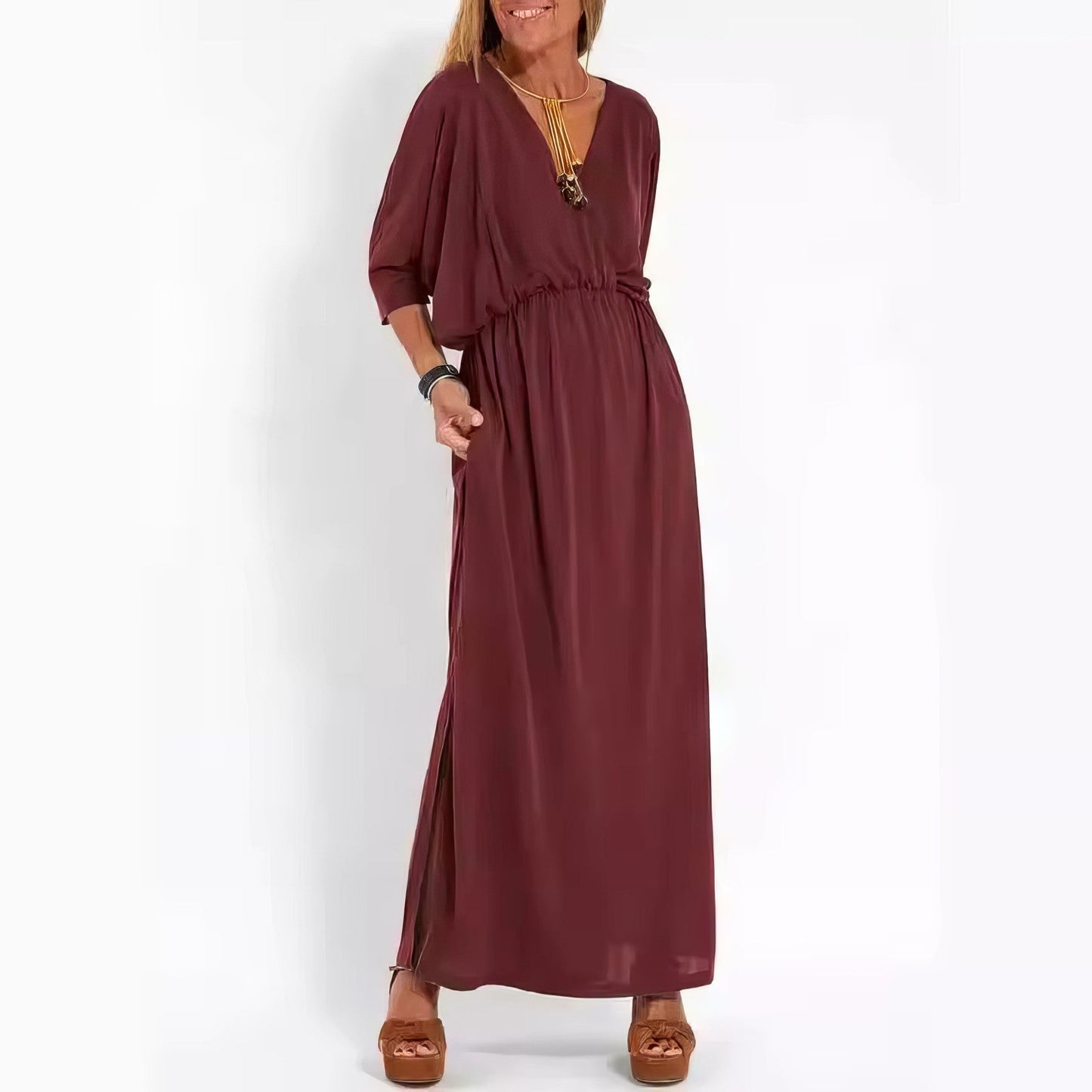 Robe longue vintage de soirée pour femme, col en V et taille haute
