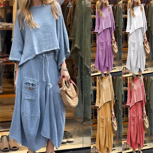 Ensemble décontracté deux pièces : blouse à col rond et jupe à coupe ample