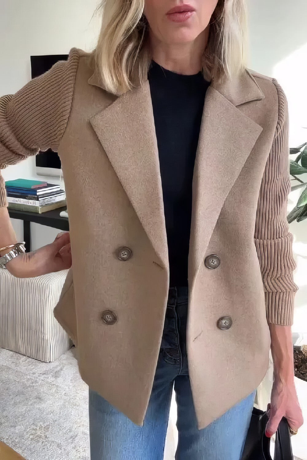 Manteau Casual en Maille avec Boutons et Manches Patchwork pour Femme