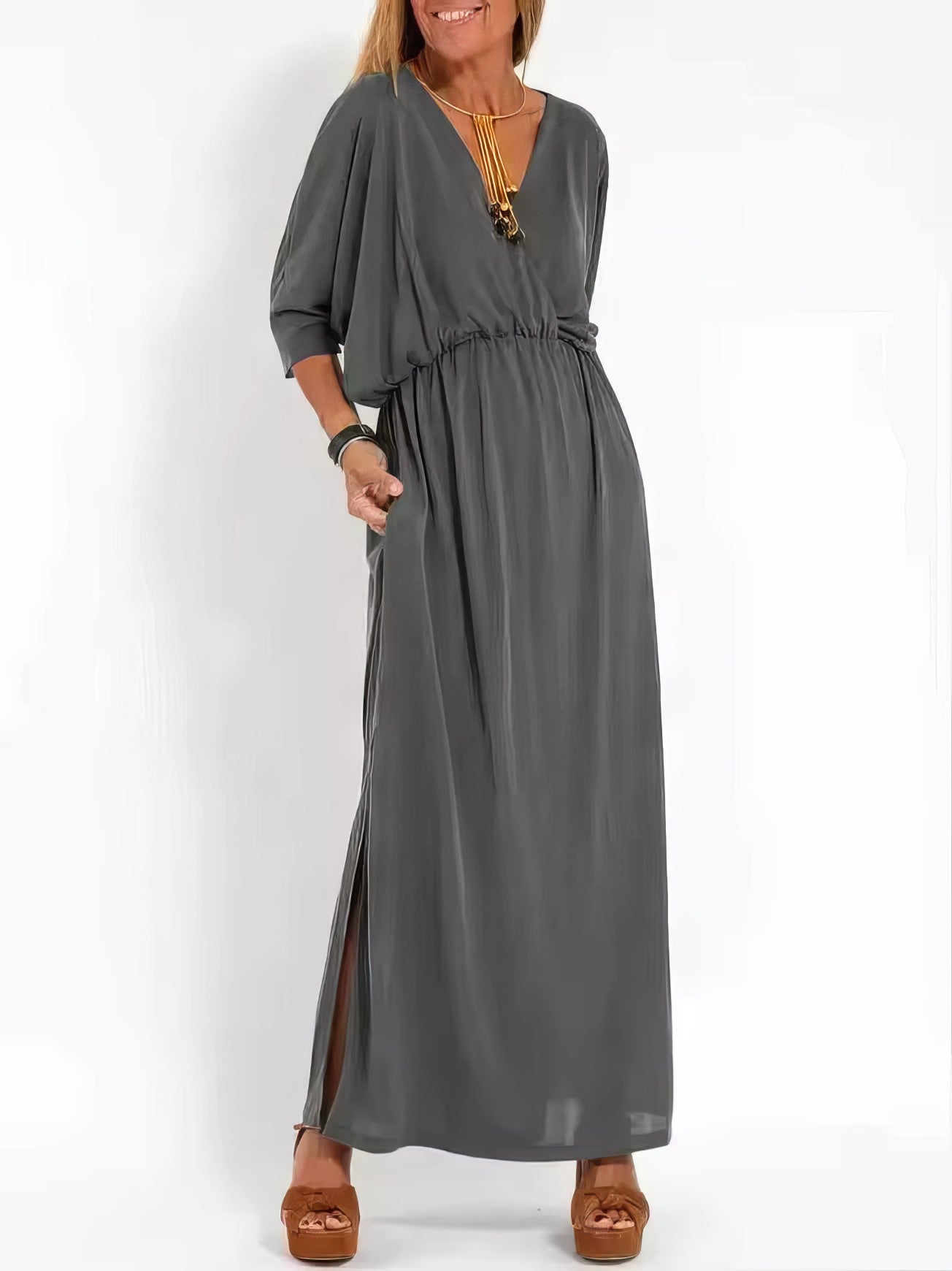 Robe longue vintage de soirée pour femme, col en V et taille haute