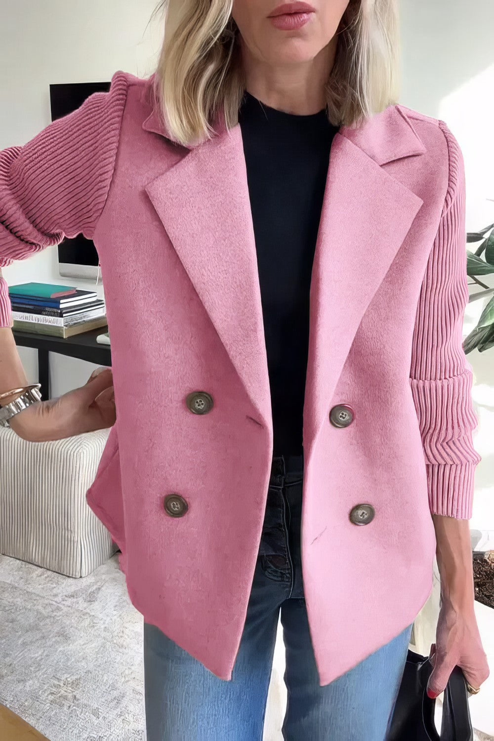 Manteau Casual en Maille avec Boutons et Manches Patchwork pour Femme