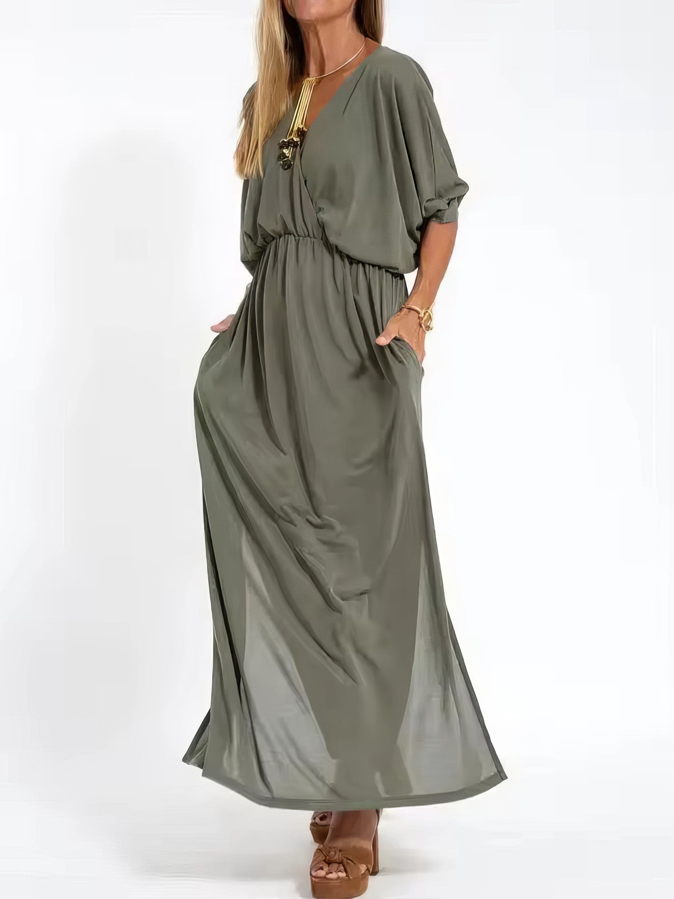 Robe longue vintage de soirée pour femme, col en V et taille haute