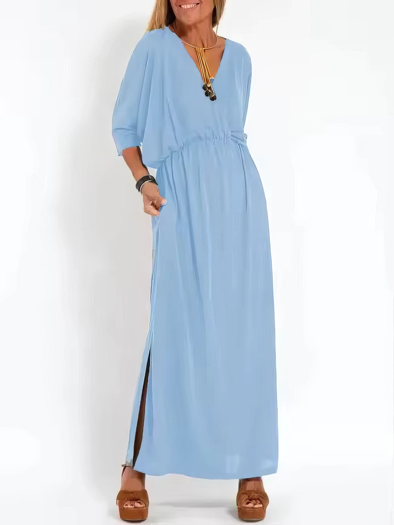 Robe longue vintage de soirée pour femme, col en V et taille haute