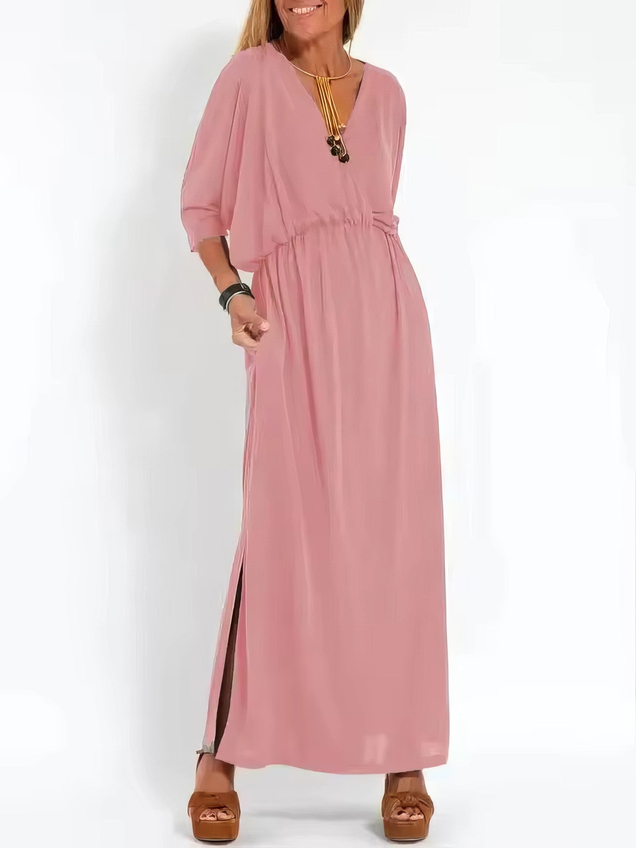 Robe longue vintage de soirée pour femme, col en V et taille haute