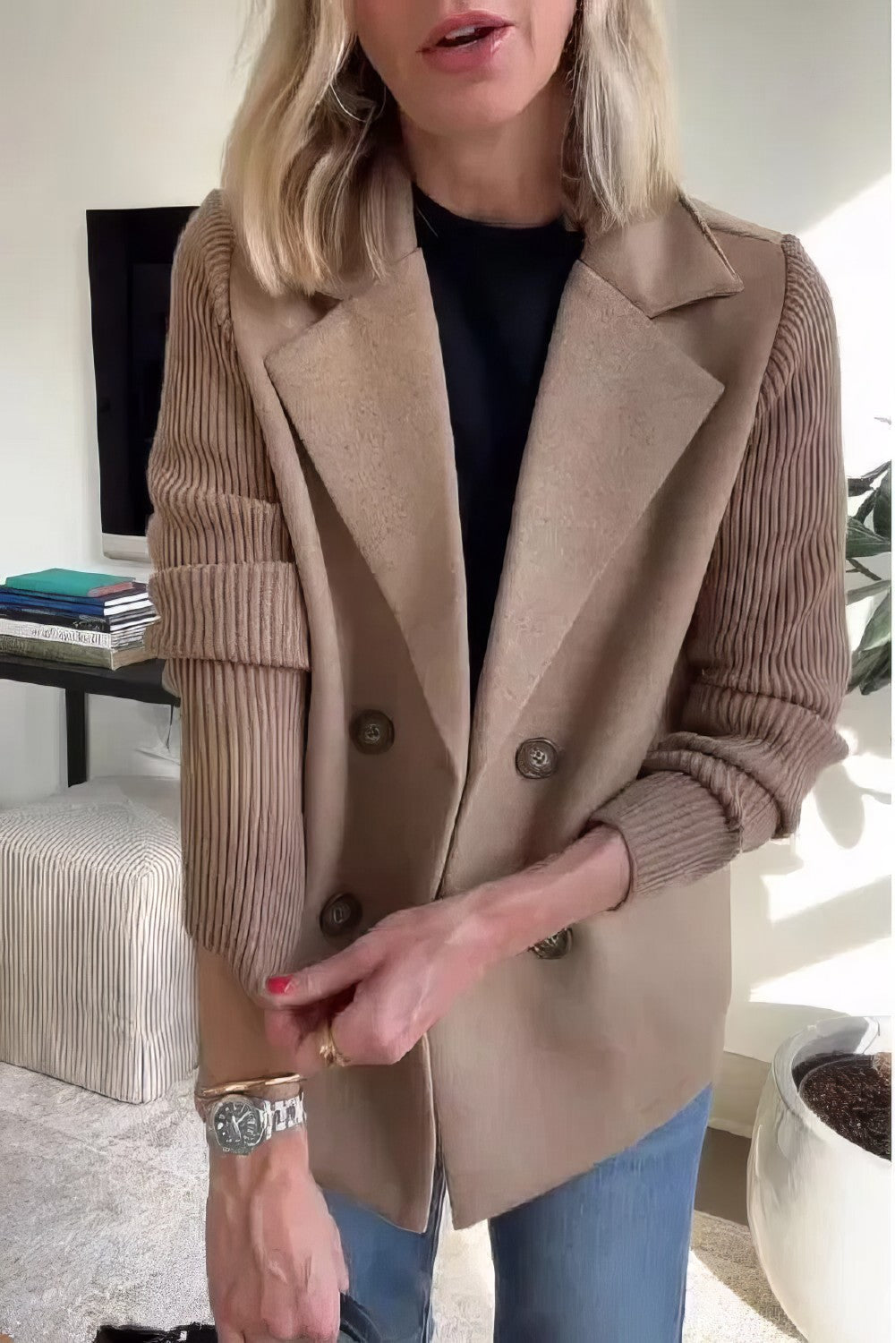 Manteau Casual en Maille avec Boutons et Manches Patchwork pour Femme