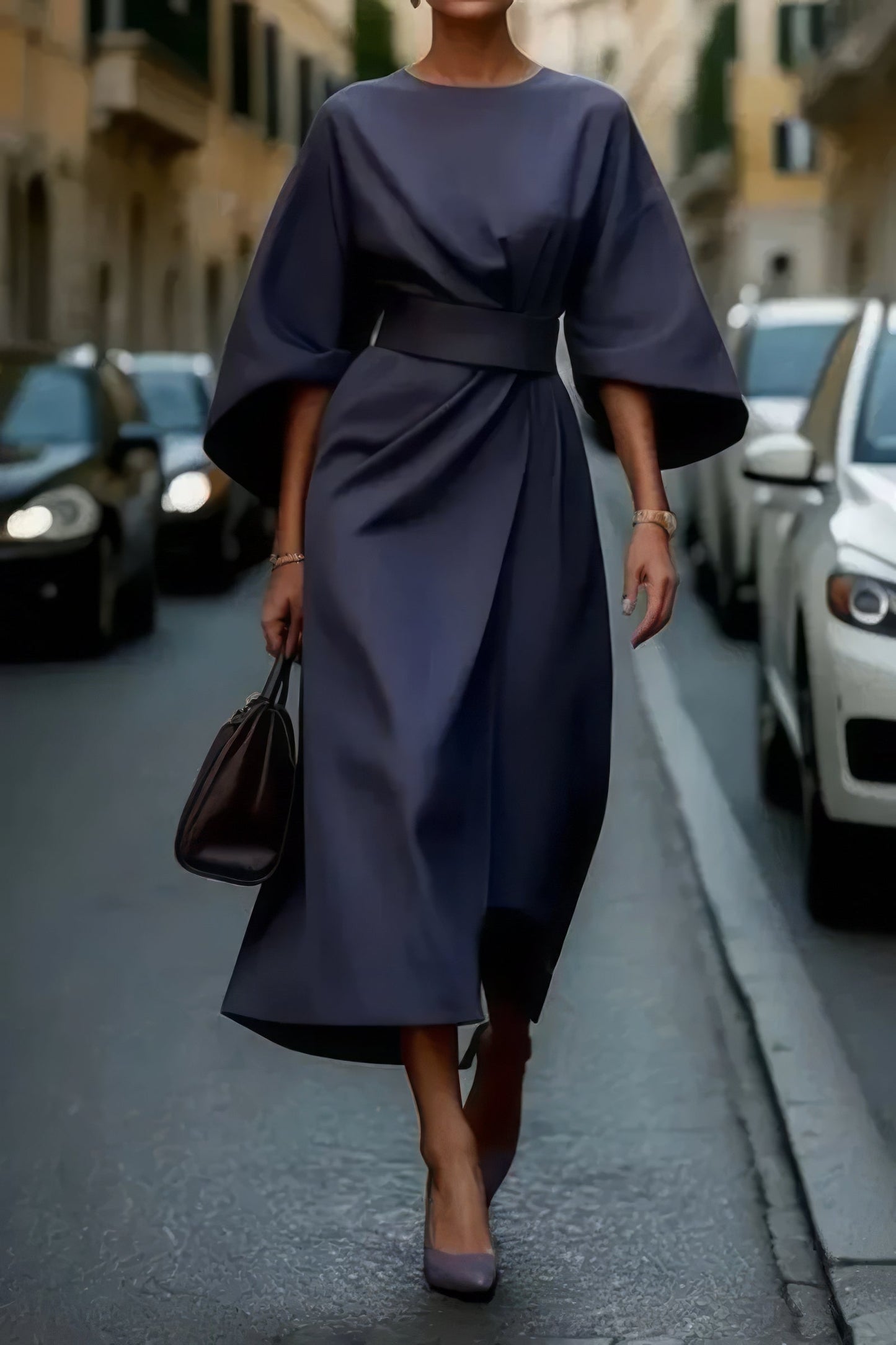 Margaret - Élégante Robe avec Manches Lanternes et Ceinture
