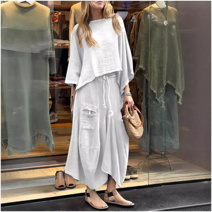 Ensemble décontracté deux pièces : blouse à col rond et jupe à coupe ample