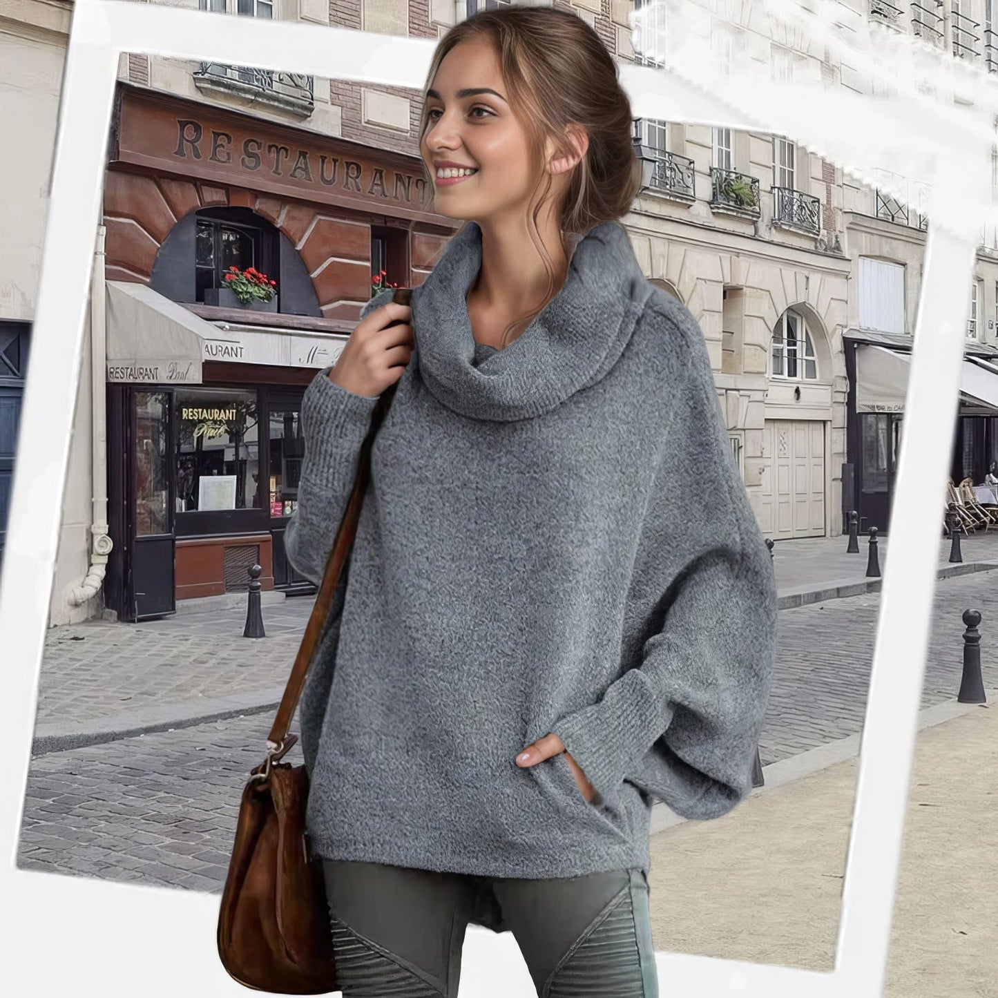 Pull Femme à Col Tombant et Manches Chauve-souris avec Poches