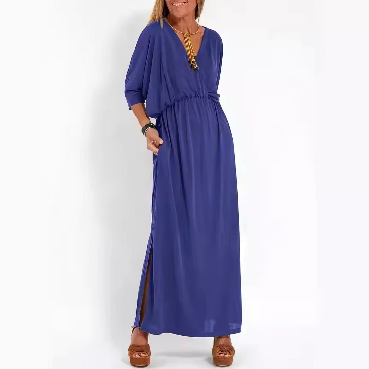Robe longue vintage de soirée pour femme, col en V et taille haute
