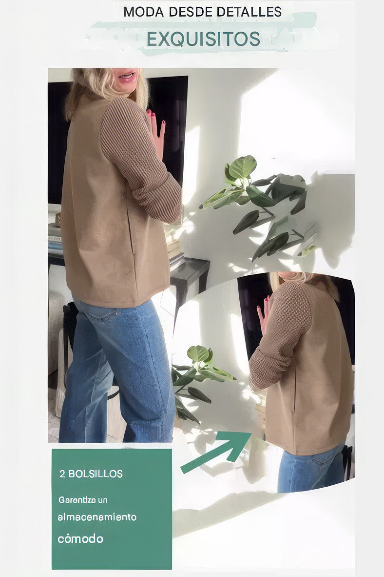 Manteau Casual en Maille avec Boutons et Manches Patchwork pour Femme