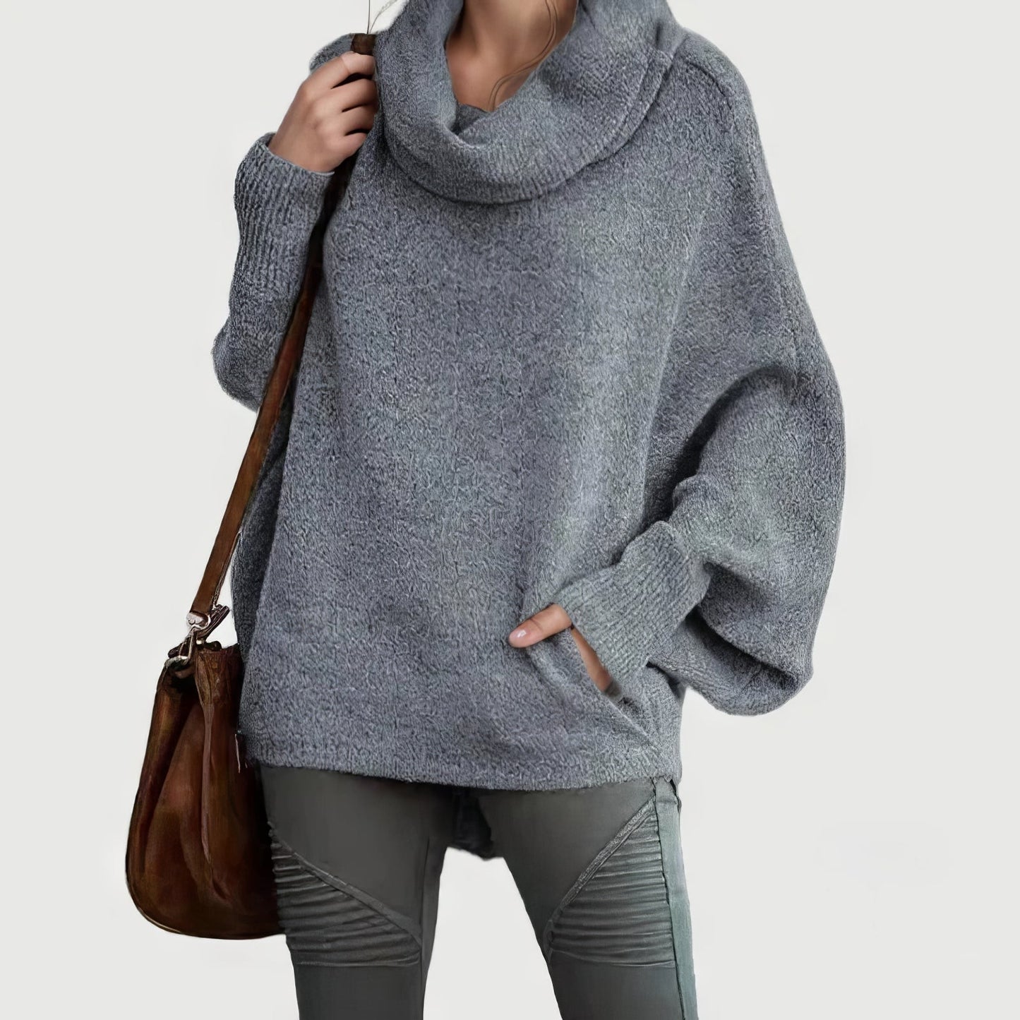 Pull Femme à Col Tombant et Manches Chauve-souris avec Poches