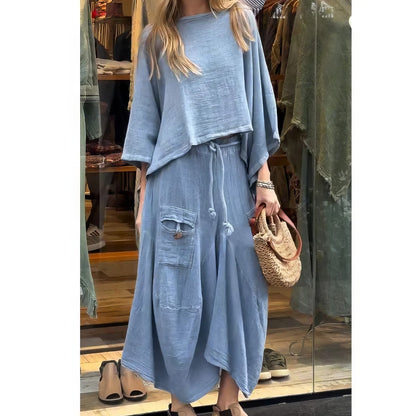 Ensemble décontracté deux pièces : blouse à col rond et jupe à coupe ample