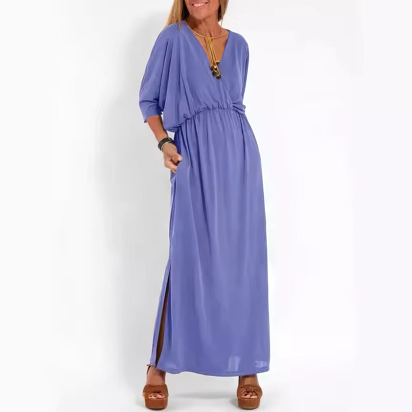Robe longue vintage de soirée pour femme, col en V et taille haute