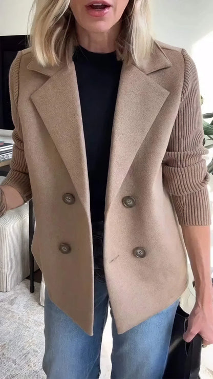 Manteau Casual en Maille avec Boutons et Manches Patchwork pour Femme