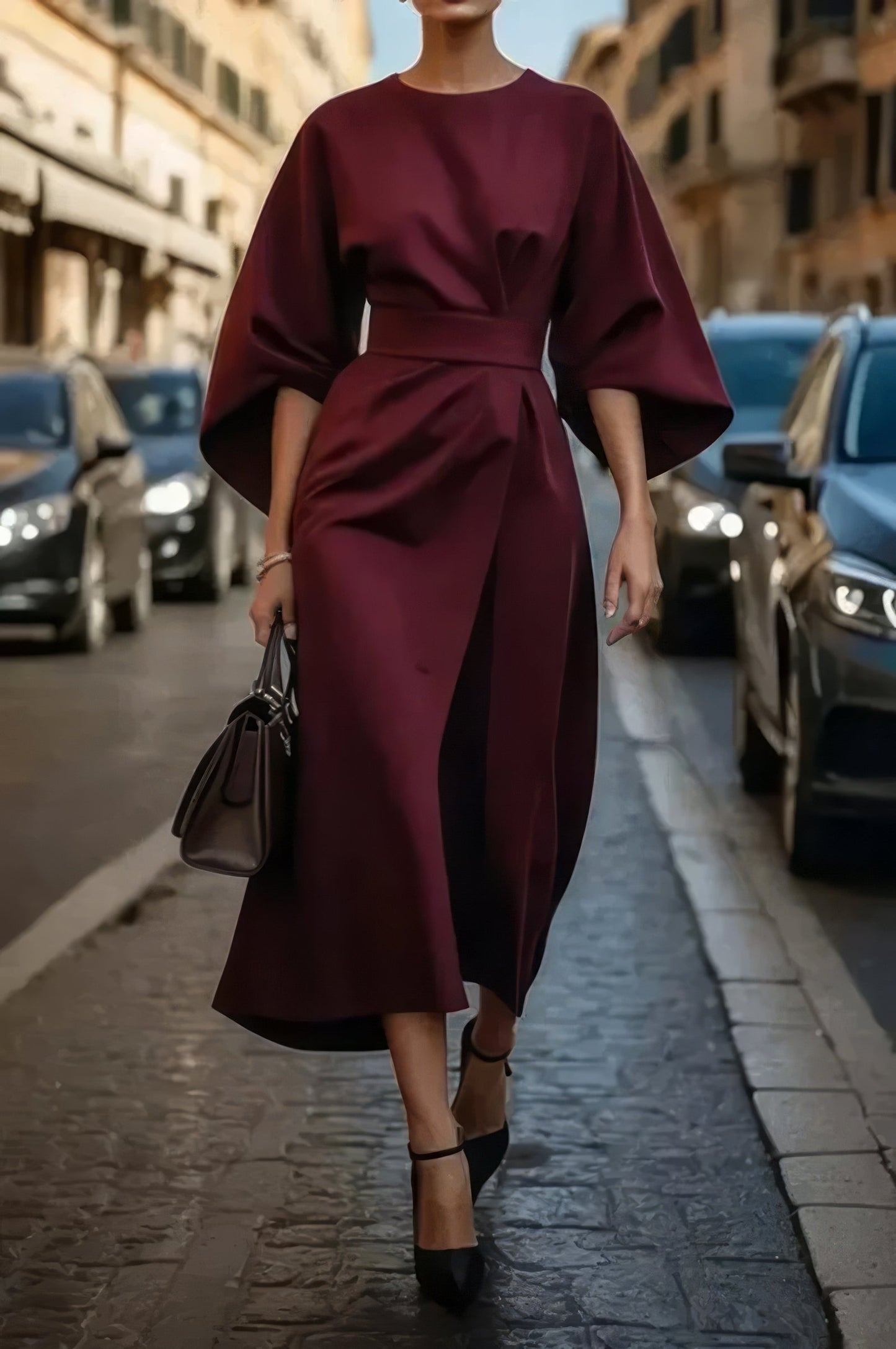 Margaret - Élégante Robe avec Manches Lanternes et Ceinture