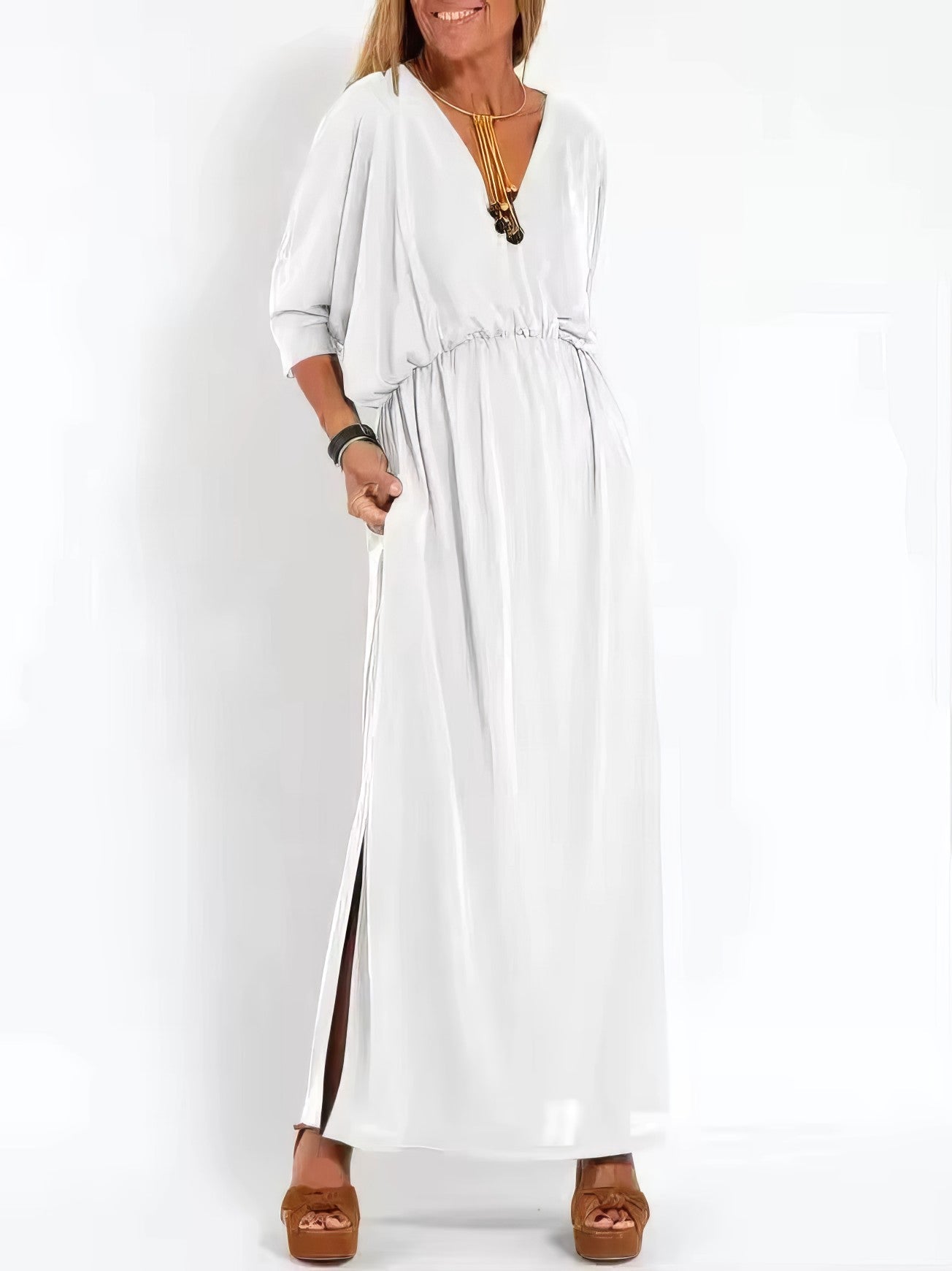 Robe longue vintage de soirée pour femme, col en V et taille haute