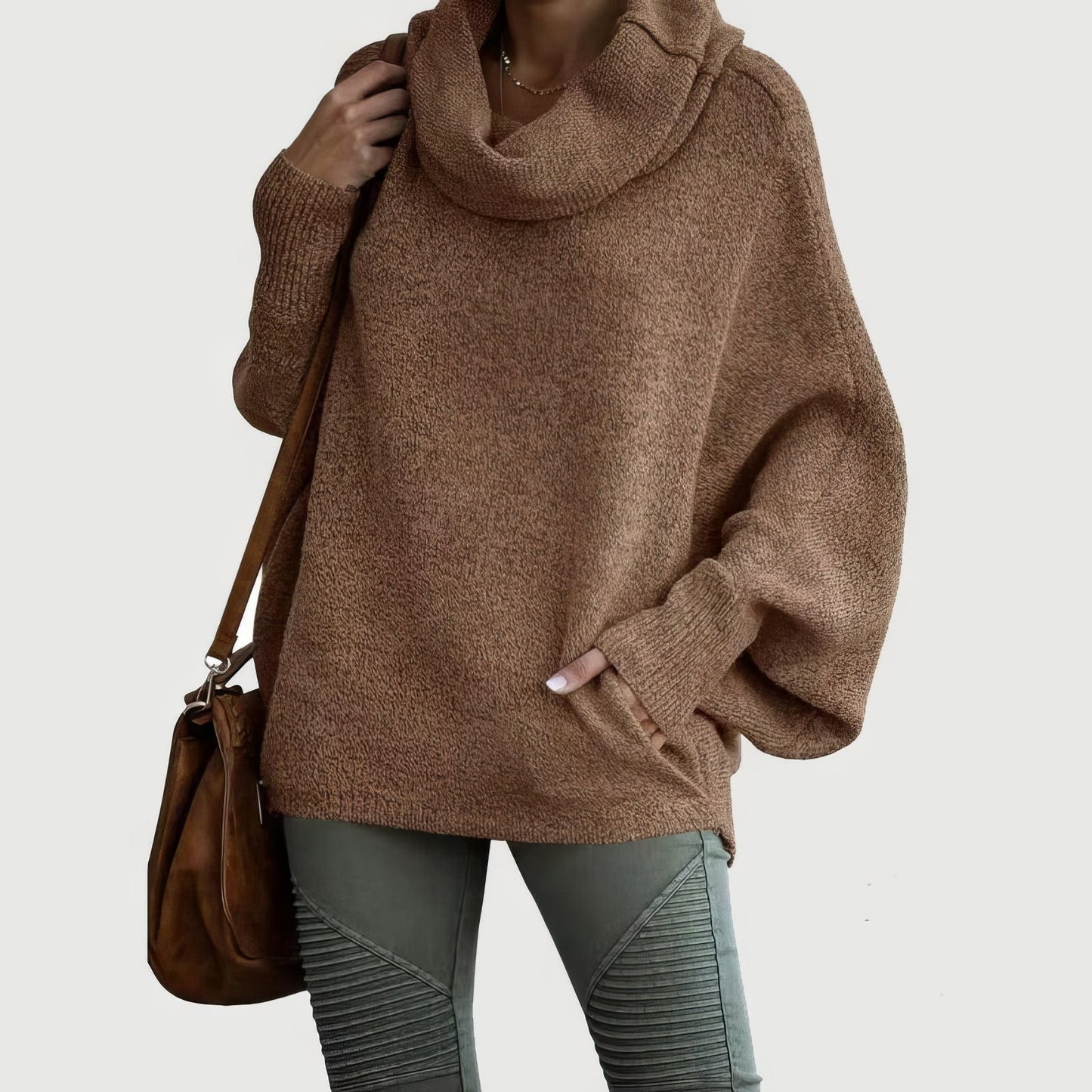 Pull Femme à Col Tombant et Manches Chauve-souris avec Poches