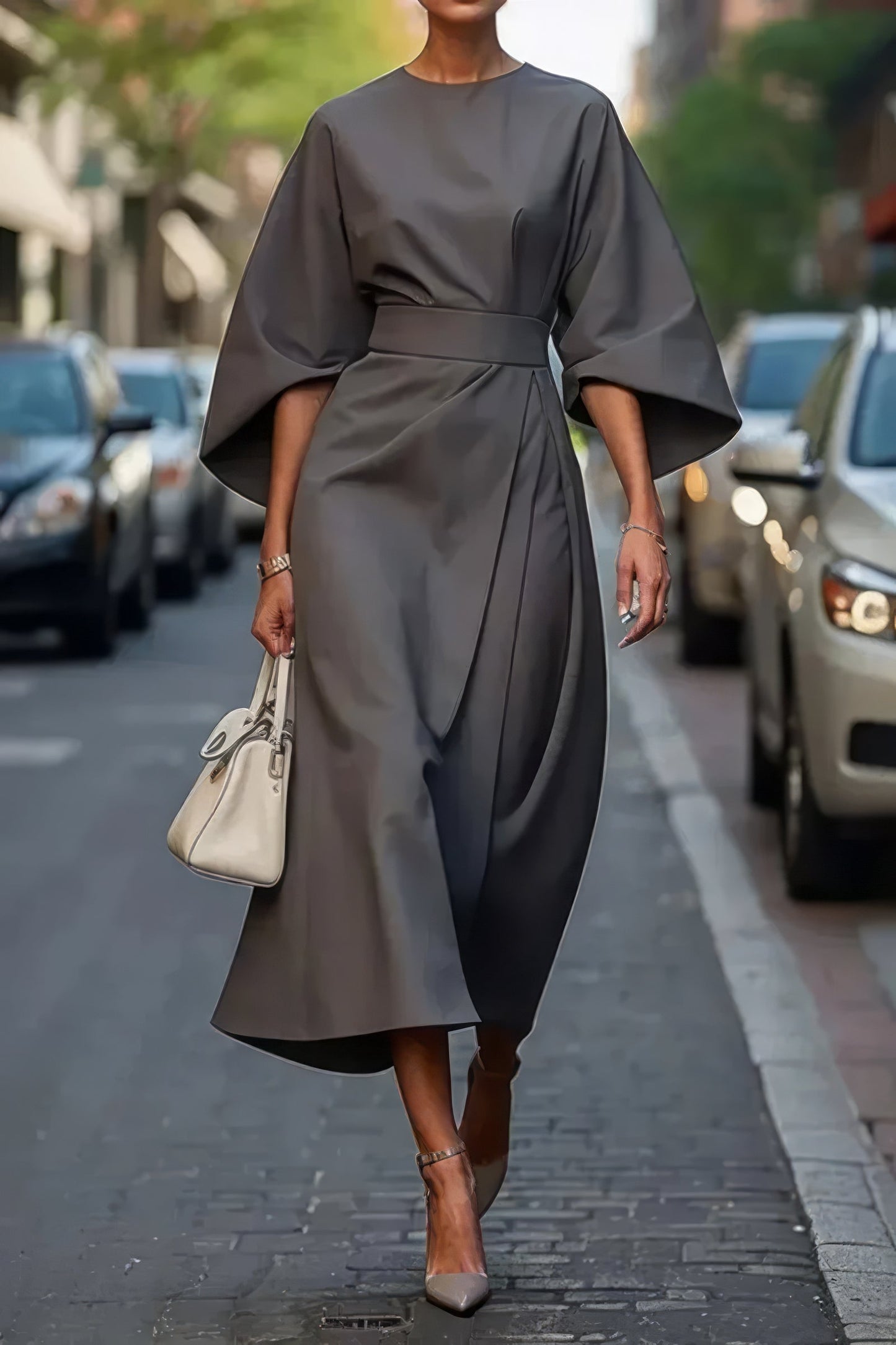 Margaret - Élégante Robe avec Manches Lanternes et Ceinture