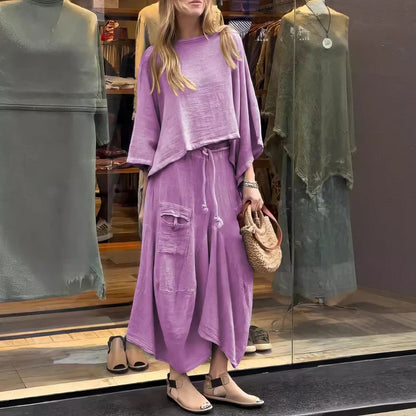 Ensemble décontracté deux pièces : blouse à col rond et jupe à coupe ample