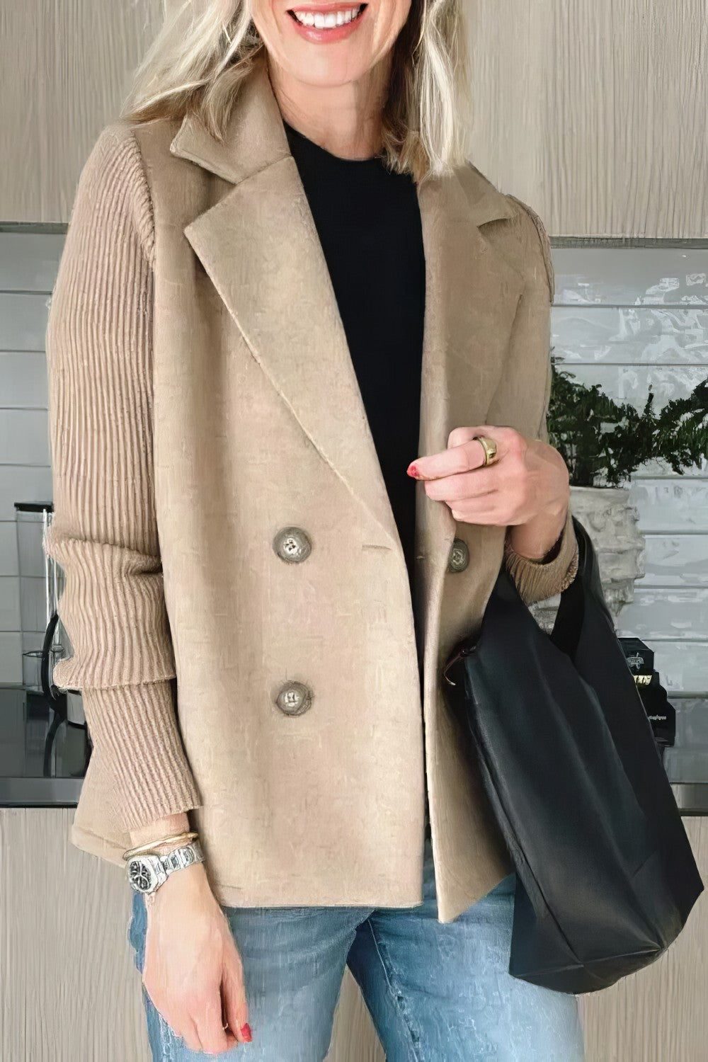 Manteau Casual en Maille avec Boutons et Manches Patchwork pour Femme