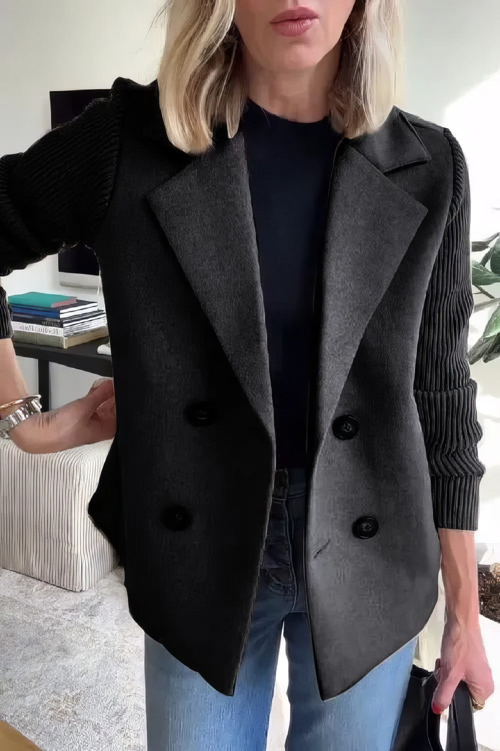 Manteau Casual en Maille avec Boutons et Manches Patchwork pour Femme