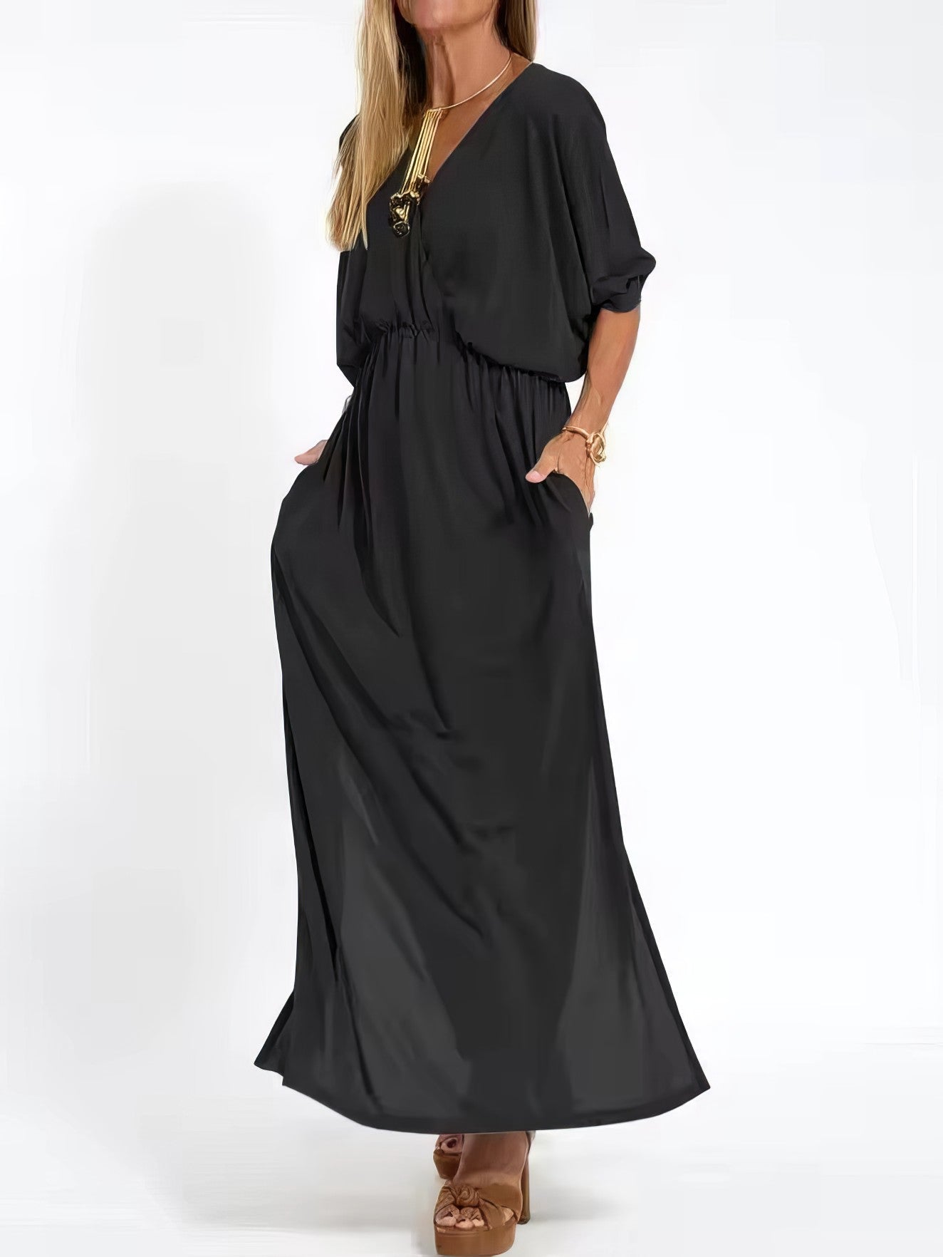 Robe longue vintage de soirée pour femme, col en V et taille haute