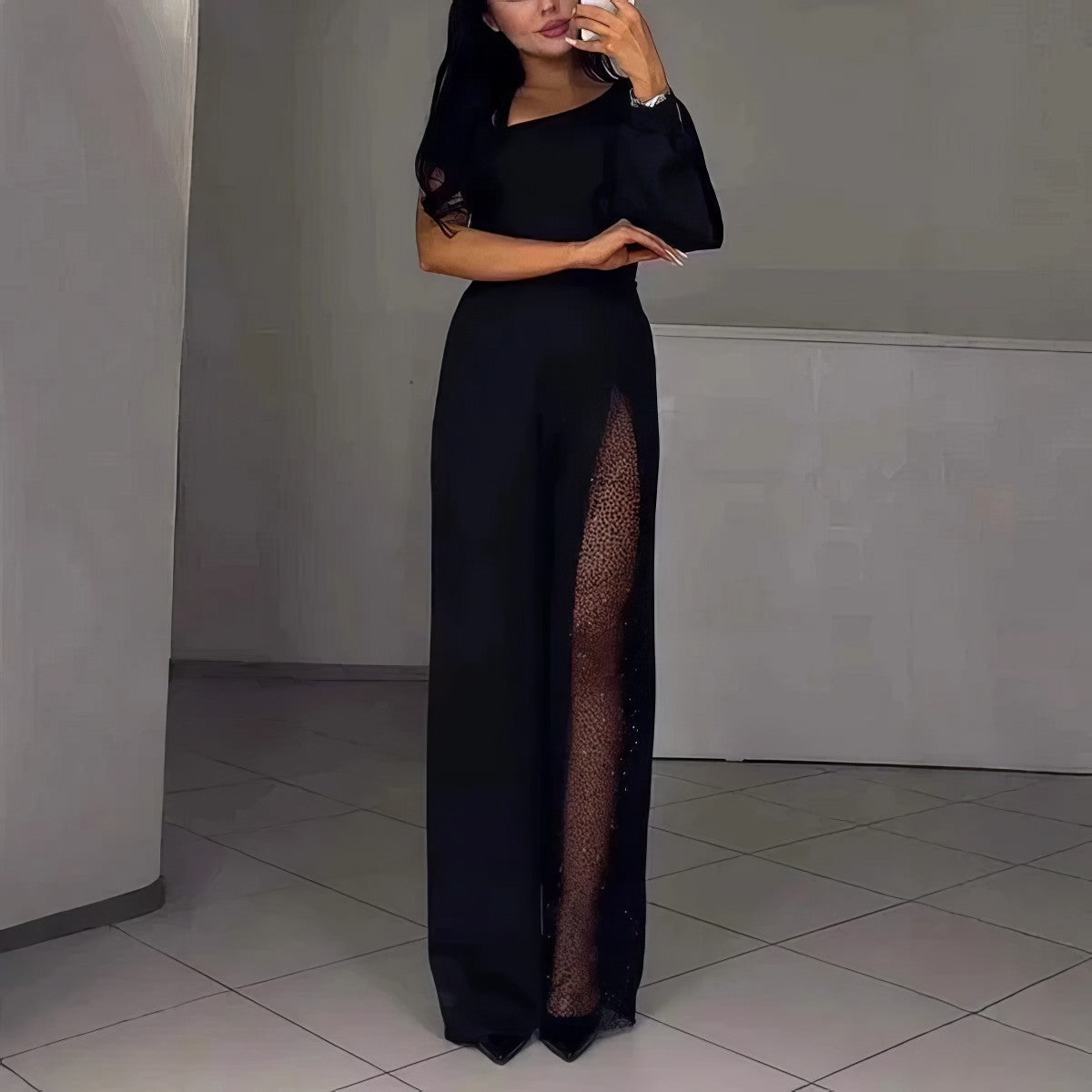 Combinaison Asymétrique à Une Épaule avec Manches Évasées en Tulle