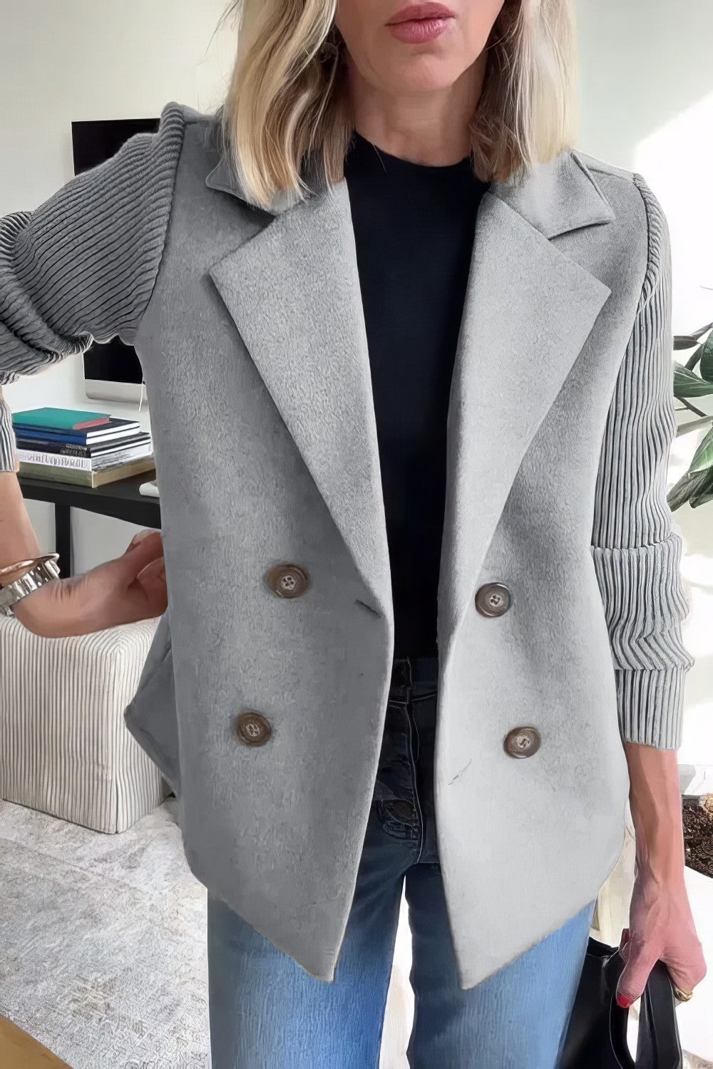 Manteau Casual en Maille avec Boutons et Manches Patchwork pour Femme